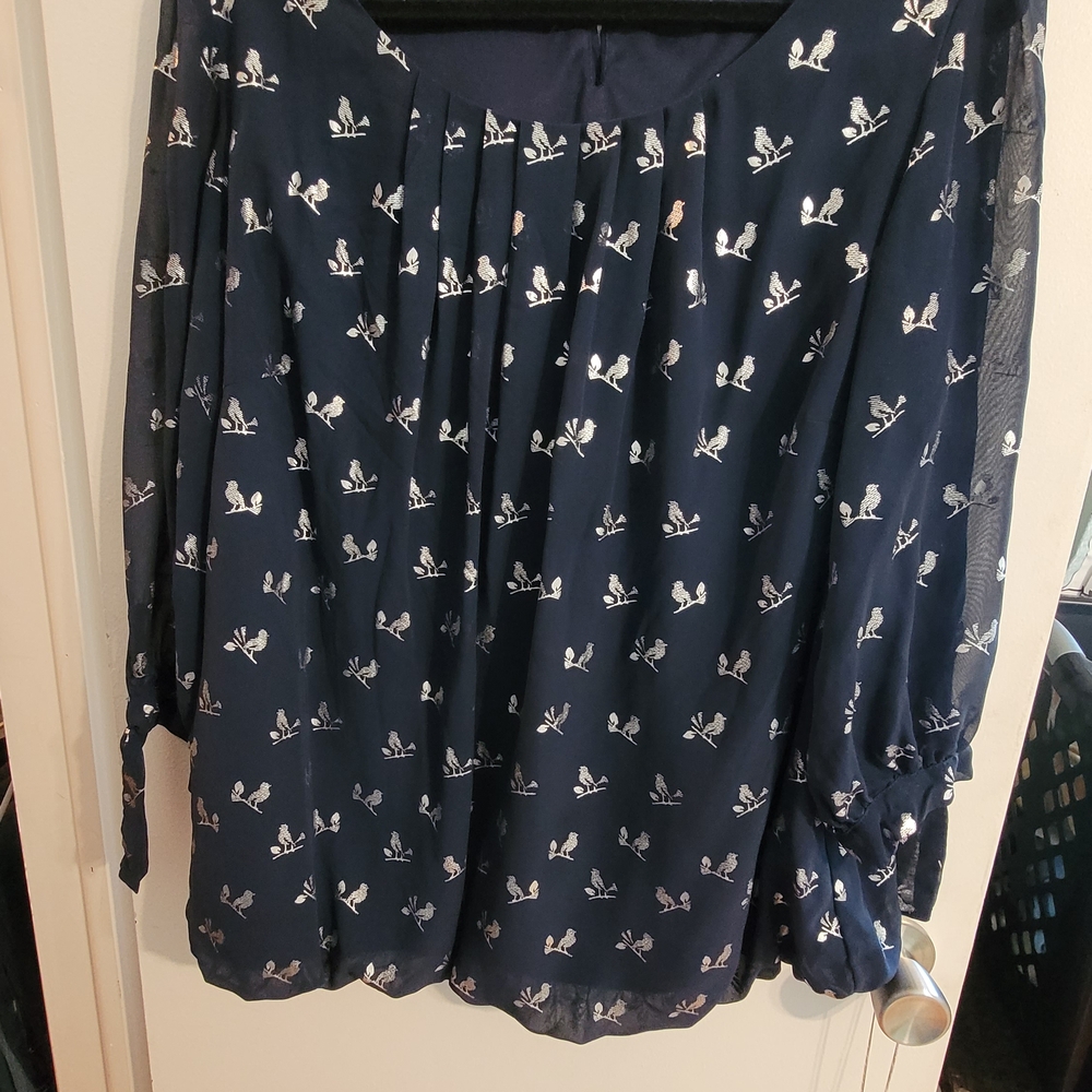 Roz & Ali Navy Blue Blouse with White Bird Print